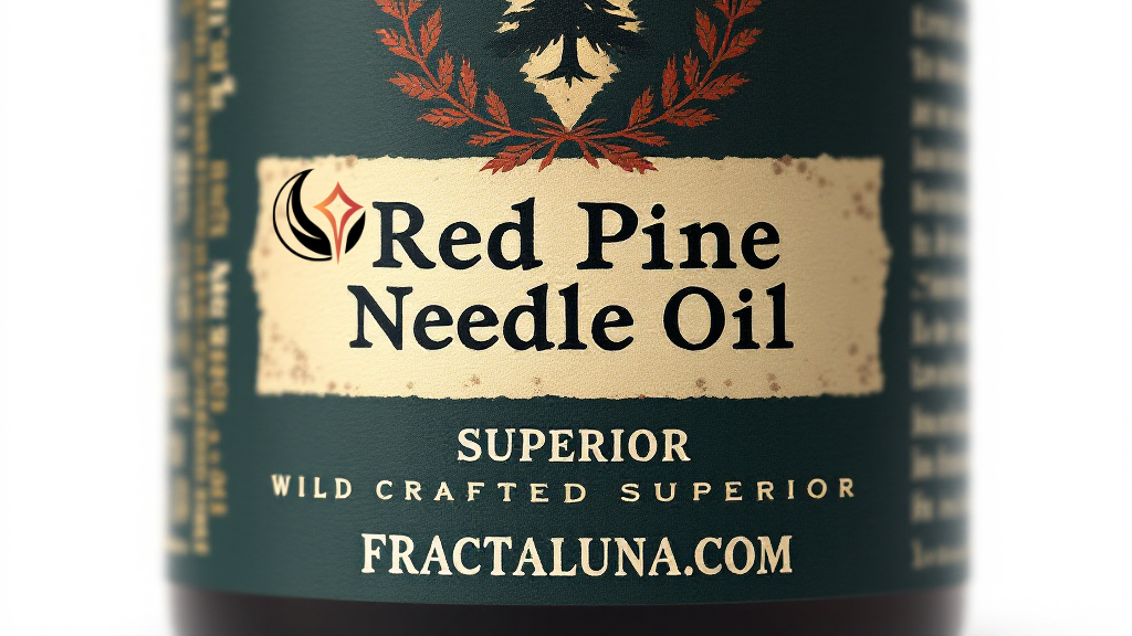 Red Pine Needle Oil bottle labeled 'Superior Wild Crafted' with a logo featuring a pine tree and wreath, highlighting its premium quality from Fractaluna.com